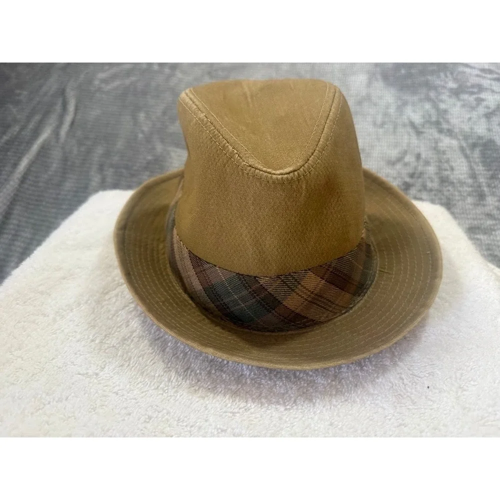 Christys Crown Series Tan Cotton‎ Fedora Hat Plaid Band Mens Size Medium Khaki